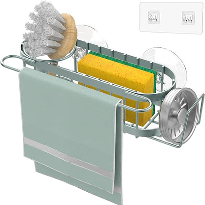 Cisily Kitchen Sink Caddy Sponge Holder in The Sink, Stainless Steel Kitchen Sink Organizer, Brush Holder, Dish Cloth Hanger, Sink Stopper Holder (Suction cup-Sage Green)