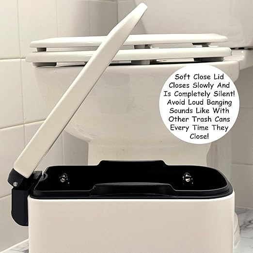 Homie Soft Close, Slim Trash Can 6 Liter / 1.6 Gallon with Anti - Bag Slip Liner and Lid, Use as Mini Garbage Basket, Slim Dust Bin, or Decor in Bathroom, Restroom, Kitchen, or Bedroom (Matte White)