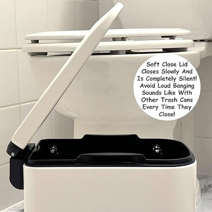 Homie Soft Close, Slim Trash Can 6 Liter / 1.6 Gallon with Anti - Bag Slip Liner and Lid, Use as Mini Garbage Basket, Slim Dust Bin, or Decor in Bathroom, Restroom, Kitchen, or Bedroom (Matte White)