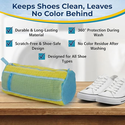 Shoe Washing Machine Bag, 2 Pcs Reusable Laundry Shoe Bag for Washer and Dryer, 360 Deep Cleaning Sneaker Washing Bag with Zipper, Mesh Pockets and Hanging Strip, Fits All Shoe Types & Sizes, Yellow