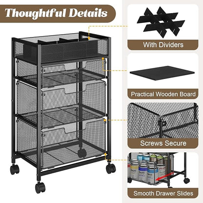 4-Tier Rolling Utility Cart with 3 Drawers, Craft Organizer and Storage with DIY Divider, Art-Craft Supplies with Caster Wheels, Multi-Functional Storage for Classroom, Office, Paints, Artifacts
