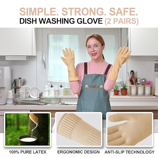DABOGOSA Mamison 2 Pairs Reusable Waterproof Household Dishwashing Cleaning Rubber Gloves, Non-Slip Kitchen Glove (Ivory, XL (Pack of 2))