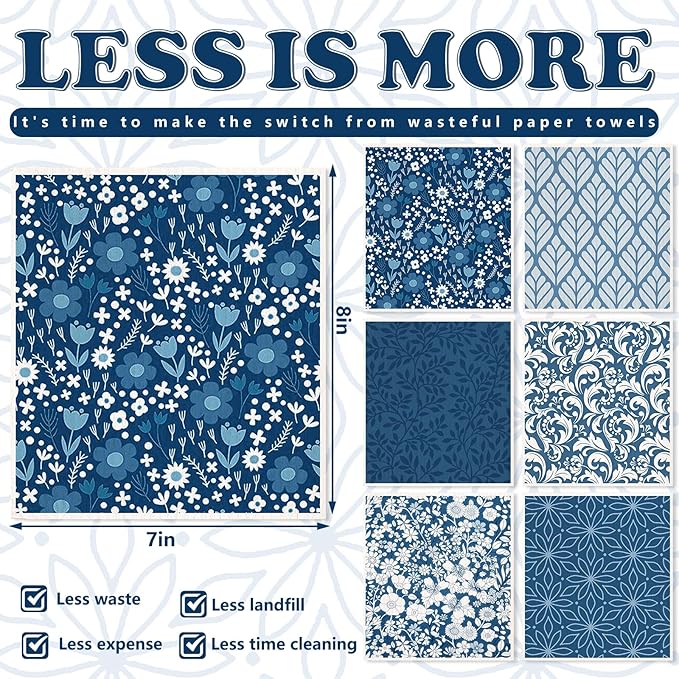 AnyDesign Blue Floral Swedish Dishcloths White Flower Cotton Kitchen Towel Reusable Absorbent Dish Towel for Spring Summer Home Kitchen Housewarming Cleaning, 7 x 8 Inch, 6 Pcs