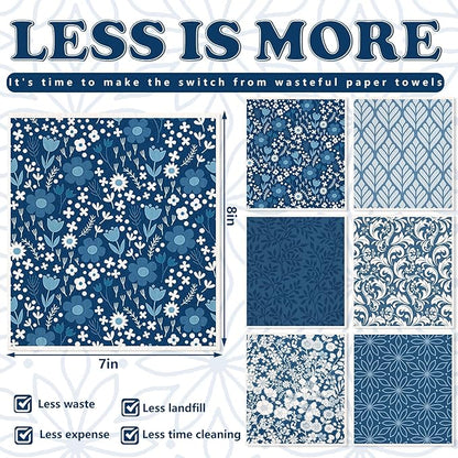 AnyDesign Blue Floral Swedish Dishcloths White Flower Cotton Kitchen Towel Reusable Absorbent Dish Towel for Spring Summer Home Kitchen Housewarming Cleaning, 7 x 8 Inch, 6 Pcs