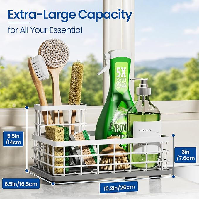 Extra Large Kitchen Sink Caddy Organizer, Stainless Steel Sponge Holder for Kitchen Sink with Brush Holder, Diatomite Stone Sink Tray for Soap Dispenser, Sponge, Kitchen Essentials and Gadgets, White