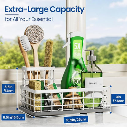 Extra Large Kitchen Sink Caddy Organizer, Stainless Steel Sponge Holder for Kitchen Sink with Brush Holder, Diatomite Stone Sink Tray for Soap Dispenser, Sponge, Kitchen Essentials and Gadgets, White
