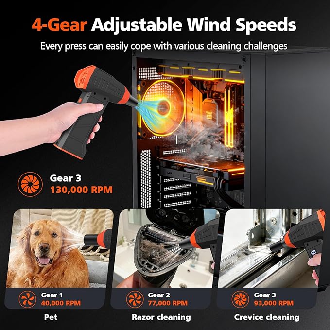 15-in-1 Electric Compressed Air Duster, 110000RPM Cordless Portable Air Blower Mini Powerful Jet Dry Blower 4 Adjustable Speeds Levels Rechargeable for Keyboard, PC, Car, Camera