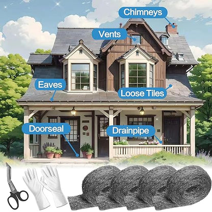 Steel Wool for Mice Control, 4 Pack of 16.5ft*3.1" Thick 0000 Steel Wool for Mouse Hole Filler Gap Blocker for House Wall Cracks Fence, Holes, Vents in Garden/Garage/House(65ft)