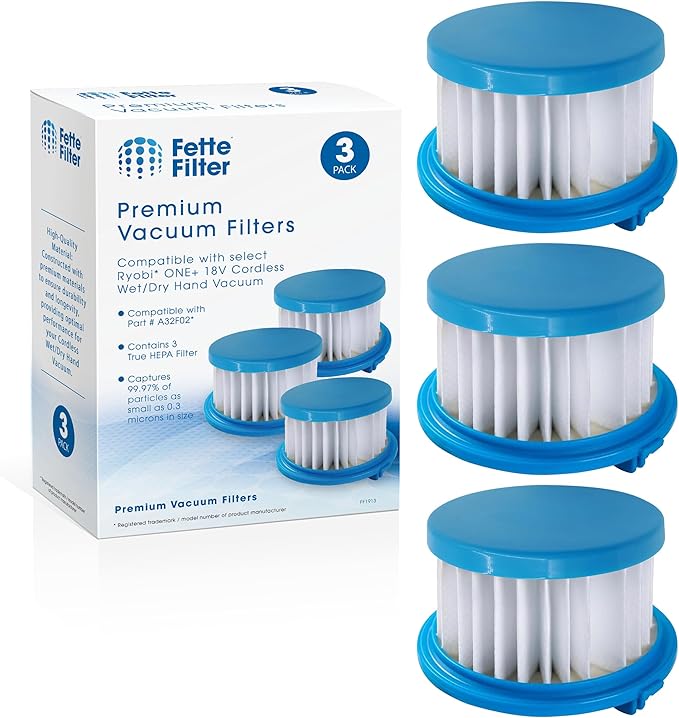 Fette Filter - A32F02 HEPA Filter Compatible with Ryobi ONE+ 18V Cordless Wet/Dry Hand Vacuum PCL702 PCL702B PCL702K. Compare to Part #A32F02. Pack of 3
