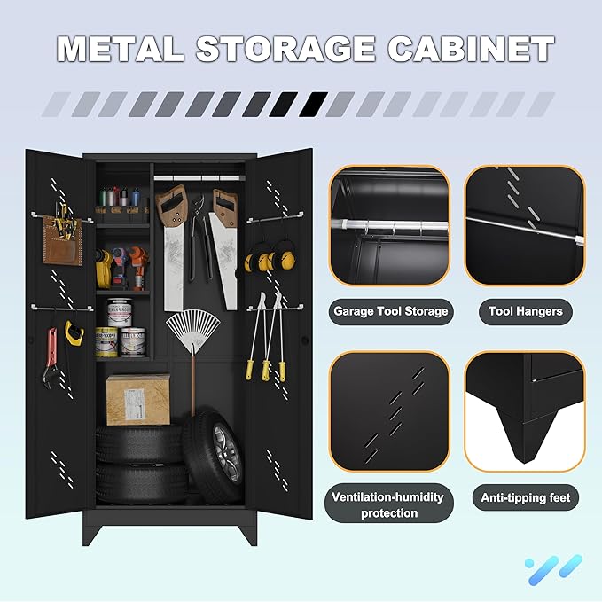 VASAAOSD Metal Garage Storage Cabinet, 75” Cleaning Tool Cabinet with Hooks and Hanging Rods, Heavy Duty Garden Tool Organizer, Broom Cabinets for Home, Garage, Laundry Room, Gym, Workshop