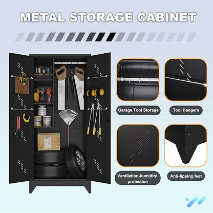 VASAAOSD Metal Garage Storage Cabinet, 75” Cleaning Tool Cabinet with Hooks and Hanging Rods, Heavy Duty Garden Tool Organizer, Broom Cabinets for Home, Garage, Laundry Room, Gym, Workshop