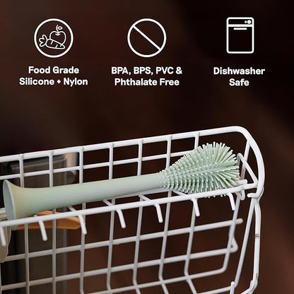 ezpz Bottle Brush (Gray) - Odor-Resistant Silicone Cleaning Tool with Long Sturdy Handle and Suction Base - Flexible Top for Tight Spaces - Gently Cleans Cups, Glasses, Bottles and Accessories