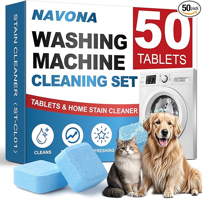 Navona Washing Machine Cleaner Tablets, 50 Pack Deep Cleaning Descaler, Washer Cleaner Tablets for Front & Top Load HE Washer, Residue, Grime, and Odors Remover, Pet Owner Friendly