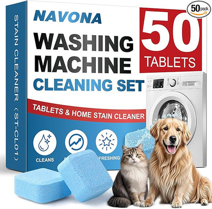 Navona Washing Machine Cleaner Tablets, 50 Pack Deep Cleaning Descaler, Washer Cleaner Tablets for Front & Top Load HE Washer, Residue, Grime, and Odors Remover, Pet Owner Friendly