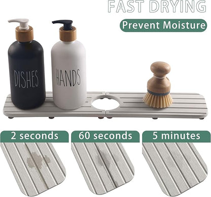 NiuYichee 17inch x 4inch Kitchen Sink Faucet Mat, Water Absorbing Stone Faucet Splash Guard for Bathroom Counter, Quick Drying Diatomite Tray for Kitchen Sink, Light Gray