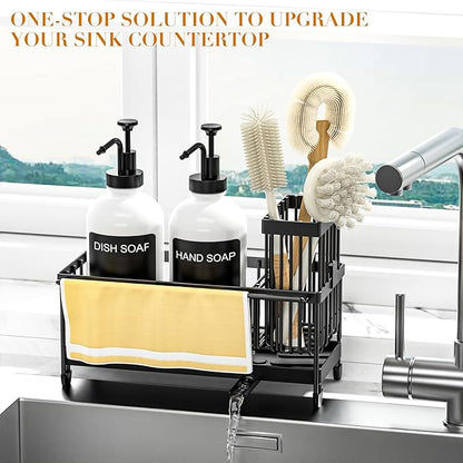 Kitchen Soap Dispenser Set with Sponge Holder and Towel Rack, 17OZ Glass Bottle, Hand and Dish Soap Dispenser Set, Non-Slip Silicone Pad, Brush Holder, Kitchen Sink Caddy Organizer Countertop (White)