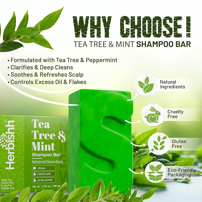 Herbishh Shampoo Bar for Hair Growth – Strengthening & Nourishing, Solid Soap for Thinning Hair, Paraben-Free & Sulfate-Free, 3.53 oz (Tea Tree & Mint Shampoo, Pack of 1)