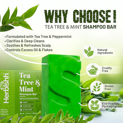 Herbishh Shampoo Bar for Hair Growth – Strengthening & Nourishing, Solid Soap for Thinning Hair, Paraben-Free & Sulfate-Free, 3.53 oz (Tea Tree & Mint Shampoo, Pack of 1)