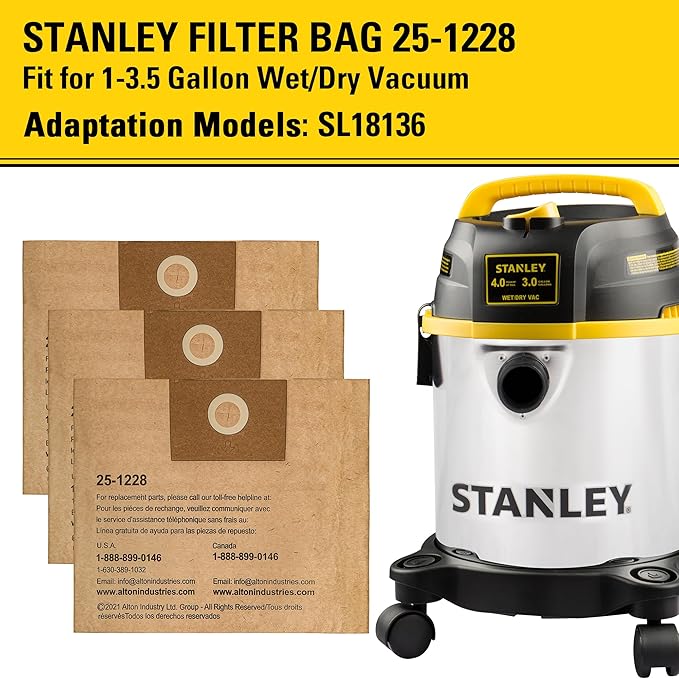 3 Pack STANLEY Disposable Filter Bag 25-1228, for 1-3.5 Gallon Wet/Dry Vacuum, Dust Bag Compatible with STANLEY SL18136