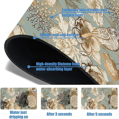 Sink Splash Guard Faucet Mat Peonies Bird and Butterflies Absorbent Fast Drying Mat Sink Gadgets Splash Guard Behind Faucet Drip Catcher for Kitchen Bathroom 15.5"X5.5"