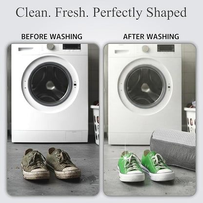 Shoe Washing Machine Bag, 2 Pcs Cylindrical Laundry Shoe Bag for Washer and Dryer with Adjustable Shoe Trees, 360 Deep Cleaning Sneaker Washing Bag with Zipper, Fits All Shoe Types and Sizes, White