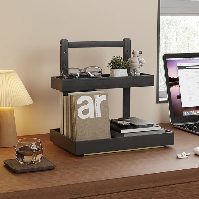 Bamboo Under Sink Storage 2 Tier Pull Out Cabinet Organizer Slide Out Under Sink Storage Shelf Undersink Organizers Shelves for Kitchen Bathroom Organization (Black, 2 Packs)