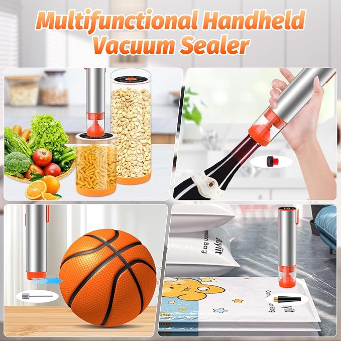 Handheld Vacuum Sealer, Portable Cordless Food Sealer with 60kPa Suction, Rechargeable Mini Vacuum Sealer for Food Storage, Sous Vide, Mason Jars - Includes 10 Reusable Bags