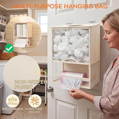 Plastic Bag Holder, Grocery Bag Holder with Trash Bag Roll Dispenser, Wall Mounted Soft Fabric Trash Bag Dispenser (Not Rigid), 14.6" L x 7.7" W x 19.3" H, for Kitchen Pantry Laundry Garage, Beige