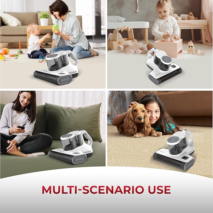 Rosewill Mattress Vacuum Cleaner: 450W 16Kpa Strong Suction, 253.7nm UV-C Light, Ultrasonic & High Heating Tech, Dual Dust Cup, Corded - White Grey