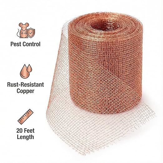 1-Pack Pure Copper Mesh Roll, Heavy Duty Rodent Control Mesh, Excluder Mesh for Rodents, Copper Wool for Blocking Holes, for Sealing Cracks, Gaps, Vents, and Protecting Garden Plants (5in x 20ft)