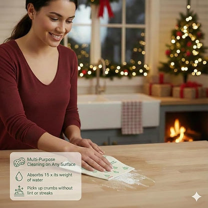 Christmas Holiday Swedish Dishcloth, Reusable Paper Towel, Super Absorbent Cellulose Sponge, Washable Kitchen Cleaning Cloth (Winter Evergreens - 1 Pack)