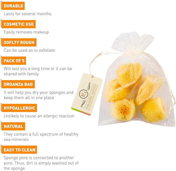 Natural Yellow Sea Silk Sponges 1,5 Inches Pack of 5 in an Organza Bag. Great for Cosmetic Use: Makeup Removal, Facial Cleansing & Cleaning. Softly Rough but Not Skin Irritating