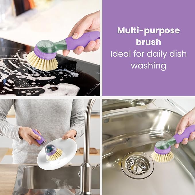 Vigar Rengo Dish Brush with Soap Dispenser - Dish Scrubber with Handle, Kitchen Scrub Brush for Dishes, Sink Cleaning Brush, Soap Dispensing Dish Wand with Nylon Bristles, Non Scratch - Purple