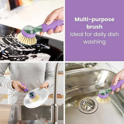 Vigar Rengo Dish Brush with Soap Dispenser - Dish Scrubber with Handle, Kitchen Scrub Brush for Dishes, Sink Cleaning Brush, Soap Dispensing Dish Wand with Nylon Bristles, Non Scratch - Purple