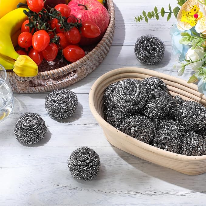 Reallnaive 60 Pcs Stainless Steel Wool Scrubber Bulk Steel Wool Sponges Pack Metal Dishwashing Wire Scouring Pads Heavy Duty Clean Dish Pot Pan and Oven for Cleaning Kitchen Bathrooms and More