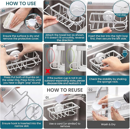 TAILI 4-in-1 Sink Caddy with Strong Suction Cup, Sponge Holder for Kitchen Sink Organizer, Removable, Rustproof, Stainless Steel Holder for Sponge, Brush, Scrubber, Scraper - White