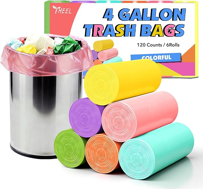 YHEEL Small Trash Bags 4 Gallon: Colored Bathroom Trash Bags Unscented Small Garbage Bags Strong Leak-Proof Trash Liners or Office Bedroom - 120 Counts