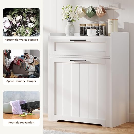 Jocoevol Pull Out Trash Can Cabinet, 2x13 Gallon Hidden Garbage Recycling Bin with Drawer, Freestanding Wooden Kitchen Trash can & Laundry Hamper Cabinet, Pet Proof Waste Bin for Living Room, White