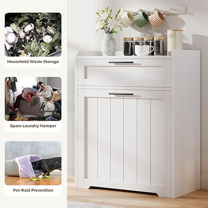Jocoevol Pull Out Trash Can Cabinet, 2x13 Gallon Hidden Garbage Recycling Bin with Drawer, Freestanding Wooden Kitchen Trash can & Laundry Hamper Cabinet, Pet Proof Waste Bin for Living Room, White
