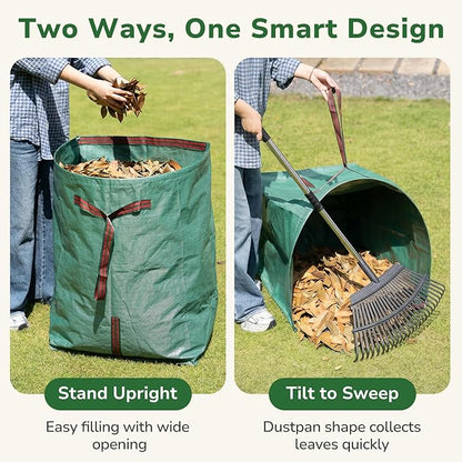GreatBuddy Leaf Rake and Leaf Bags Combo, Adjustable Metal Garden Rake 29''-72'' 25 Tines, 2 Pack 72 Gallon Reusable Yard Waste Bags, Heavy Duty Lawn Rake with Dustpan Leaf Collector for Yard Cleanup