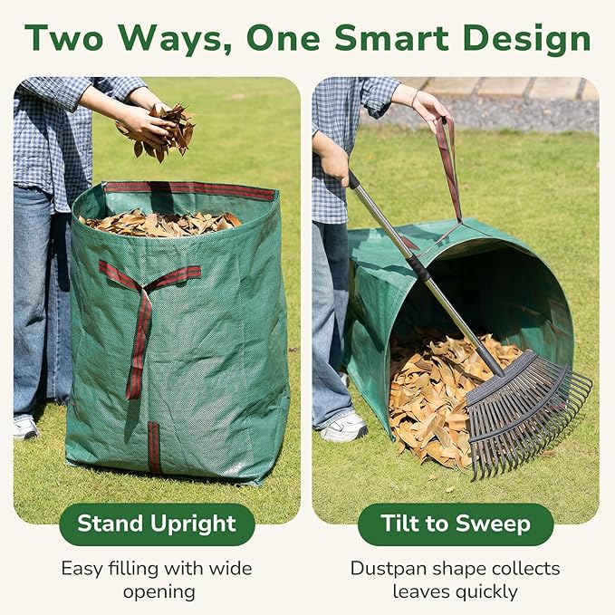 GreatBuddy Leaf Rake and Leaf Bags Combo, Adjustable Metal Garden Rake 29''-72'' 25 Tines, 2 Pack 53 Gallon Reusable Yard Waste Bags, Heavy Duty Lawn Rake with Dustpan Leaf Collector for Yard Cleanup