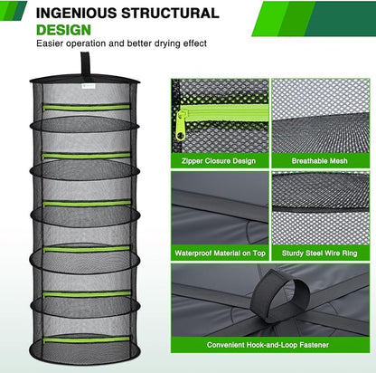 Yesker 6 Layer Herb Drying Rack Hanging Mesh Net Foldable Plant Drying Racks 24" w Green Zipper Pruning Shears Hook Dryer Hanging Rack for Herbs Seed Bud Fruit Clothes Grow Tent Closets Garden Outdoor