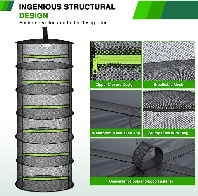 Yesker 6 Layer Herb Drying Rack Hanging Mesh Net Foldable Plant Drying Racks 24" w Green Zipper Pruning Shears Dryer Hanging Rack for Herbs Seed Bud Fruit Clothes Grow Tent Closet Garden Outdoor 2 PCS