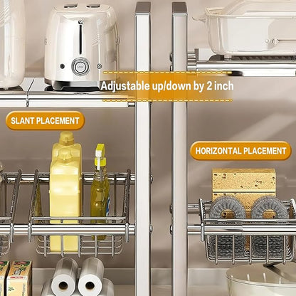 Large Under Sink Organizer 2 Tier Expandable Heavy Stainless Steel Shelf Adjustable Height for Under Kitchen Bathroom Sink Organizers and Storage (Large Size: 4 Panels 4 Storage Baskets)