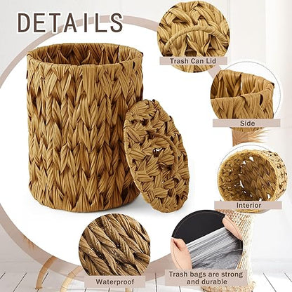 Ctosree 1.3 Gallons Small Trash Can with Lid Handle Boho Woven Braided Bathroom Waste Basket Trash Can with 100 Garbage Bags for Bedroom Office Laundry(Braided Polypropylene, Caramel Color)