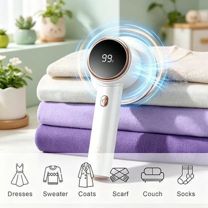 Fabric Shaver Lint Remover for Clothes with 2 Speeds, Digital Display, 6 Leaf Blades, USB Rechargeable Sweater Defuzzer to Remove Pilling Fuzz Ball for Furniture, Couch, Coat.White