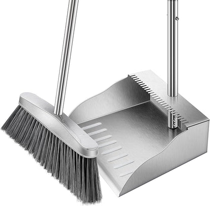 Metal Broom with Dustpan Combo Set-Long Handle Broom with Dustpan,Heavy Duty Standing Dust Pan & Soft Bristles Brooms,Indoor Outdoor Dust Pan Brooms for Home Office Lobby Floor