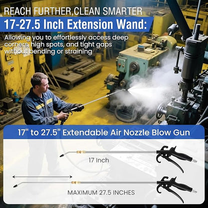 High Pressure Air Blow Gun, Extension Long Air Nozzle Blower Wand Fit 1/4" NPT Inlet & Lever Grip, Heavy Duty Industrial Blow Gun Pneumatic Tool for Radiator Compressor Attachment(1 Pc,17-27.5 Inch)