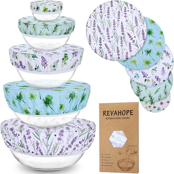 5-Size Reusable Beeswax Bowl Covers for Bread Proofing, Cotton Cloth Flexible Beeswax Wraps for Food Storage(Lavender)