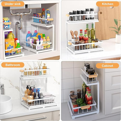 Under Sink Organizer 2 Tier, Pull Out Drawer Slides Under Sink Storage for Bathroom Kitchen,Multi-Purpose Drawer Under Cabinet Organizer for Cleaning Supplies (White, Large-2 Pack)